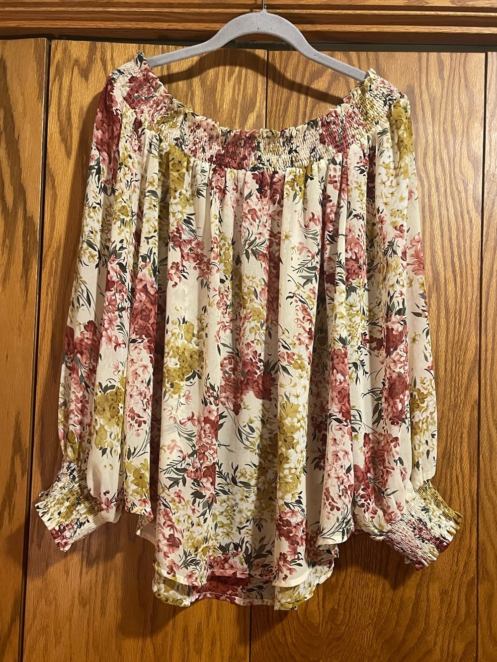 Umgee Cream Off-Shoulder Floral Blouse with Rose and Mustard Accents